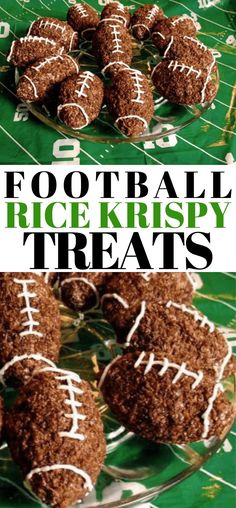 chocolate football rice krispy treats on a green tablecloth with the words football rice krispy treats