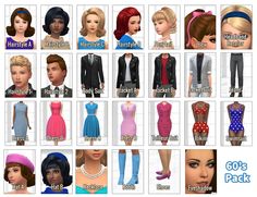 many different types of clothes and hair for females in the simssile game, which includes