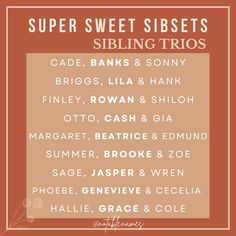 Looking for some sibling inspiration? I've got just the stuff for you. These sibling sets are three of a kind. Three names that all fit some type of vibe or feeling. They aren't necessarily matchy matchy, but to me they feel like a cohesive sibset. Use this list for inspiration, whether you're naming your first baby or your fifth baby you might find something that just fits from this list. #names #girlnames #boynames #babynames #babynameinspo #babynameideas #babynameinspiration #babynamesu... Boy Names, First Baby, Super Sweet, Girl Names