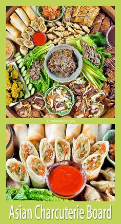 This Asian Charcuterie Board is a feast on a tray with char siu, spring rolls, dumplings, meat rolls, satay, lettuce and wonton cups. | RotiNRice.com #asiancharcuterieboard #charcuterieboard #asianfoodtray Spring Rolls Party Platter, Chinese Food Charcuterie Board, Sushi Charcuterie Board, Asian Platters, Charcuterie Lunch, Beach Brunch