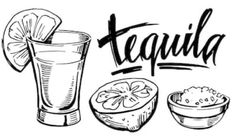 hand drawn tequila and mexican food with the word tequila written in black ink on a white background