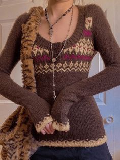 Button Front Jacquard Knitted Sweater - AnotherChill Street Preppy, Estilo Hippy, Jumper Outfit, Pullover Outfit, Long Sleeve Jumper, 90s Nostalgia, Jacquard Knit, Mode Inspo, Brown Sweater