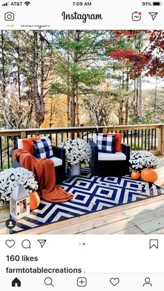 an instagram page with two couches and flowers on the porch, one is blue and white