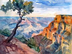 a watercolor painting of a tree at the edge of a cliff