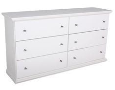 a white dresser with six drawers and two doors