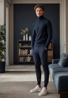 Ode to Blue Men’s Lululemon Outfit, Semiformal Outfit Hombre, Male Turtleneck Outfit, Men Fall Fashion, Business Casual Men Work, Coat Outfit Casual