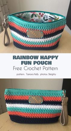 a crocheted bag with the words rainbow happy on it and an image of a purse