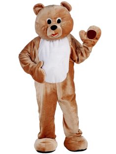 a person in a brown bear costume standing with one hand up and the other on his hip