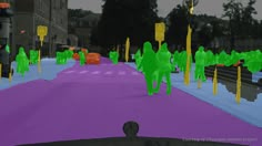 an animated image of people walking down a street with green and yellow signs on it