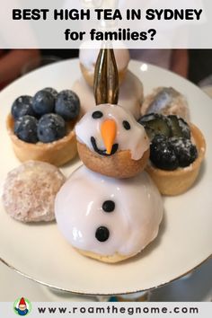 a white plate topped with donuts covered in frosting and toppings next to blueberries