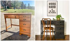 an old desk with two chairs next to it