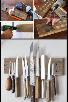 several pictures showing different types of kitchen knives and spoons on a wooden board with holes in them