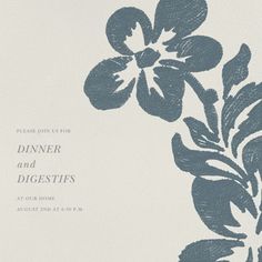 a blue and white floral wedding card with the words dinner and digests on it