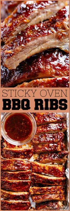 ribs covered in bbq sauce and sitting on top of tin foil with the words sticky oven bbq ribs