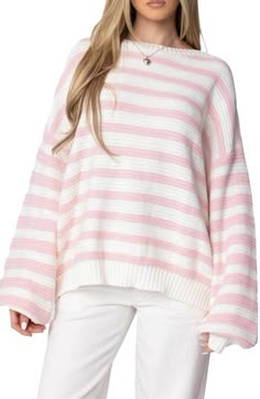 Pretty pinky stripes encircle a roomy sweater knit from soft cotton and ready to kick it with your weekend plans. Crewneck Long sleeves Ribbed cuffs and hem 100% cotton Machine wash, dry flat Imported Pink Striped Sweater, Wishlist Ideas, Woman Bedding, Outfit Wedding Guest, Weekend Plans, Striped Sweater, Sweater Knit, Comfortable Dress, Oversized Sweater