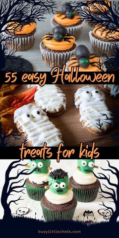 halloween treats for kids that include cupcakes, cookies and other desserts with spooky eyes