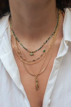 The Lyla Necklace is guaranteed to be the perfect centerpiece to your outfits, complete with eight hand-picked gemstones in stunning jewel tones. Stack with a bold pendant or chunky necklaces, and watch the compliments roll in. Shop the matching bracelet here. 14k Gold Vermeil Hypoallergenic + Safe for sensitive skin Length: 14" + 2" ext Mixed Tone Jewelry, Layering Jewelry Necklaces, Dainty Stacked Necklaces, Modern Gold Necklaces With Natural Stones, Modern Gold Necklace With Natural Stones, Chunky Necklace Stack, Gold Necklace Stack Aesthetic, Necklace Layering Aesthetic, Layered Jewelry Outfit