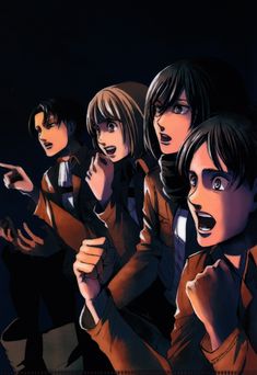 an animated group of people with their mouths open and pointing at something in the distance