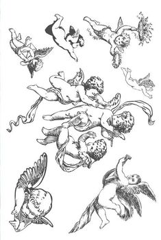 an ink drawing of angels and cherubs flying in the air with their wings spread out