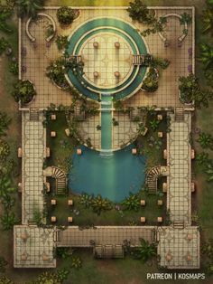 an aerial view of a pool surrounded by greenery and trees in the middle of a garden