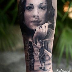 a woman with a cat on her leg is shown in black and grey tattoo art