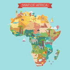 an illustrated map of africa with all the different types of animals and places on it