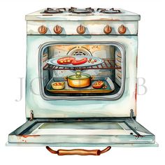 watercolor painting of an oven with food cooking in it