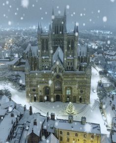 an aerial view of a cathedral in the snow