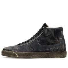 The Nike Zoom Blazer Mid Premium SB 'Faded Black' is a stylish sneaker with a classic silhouette. The upper is crafted from black suede, which has been heavily distressed for a vintage aesthetic. The black laces and sole complete the look. The rubber sole provides superior cushioning and traction, making it perfect for everyday activities. The design is inspired by the classic Nike SB series, and the black colorway adds a modern touch. Whether you're on the streets or in the gym, the Nike Zoom Blazer Mid Premium SB 'Faded Black' will keep you looking stylish. (SNKR/Skate/Unisex/Mid Top) Vintage Leather Skate Shoes With Contrast Sole, Nike Urban Suede Sneakers, Vintage Nike High-top Sneakers With Vulcanized Sole, Urban Nike Suede Sneakers, Suede Sneakers With Speckled Midsole For Streetwear, Vintage Mid-top Sneakers For Streetwear, Rugged Black Low-top Sneakers, Nike Vintage High-top Sneakers With Gum Sole, Nike Suede Sneakers For Skateboarding