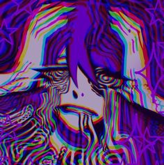 an abstract image of a woman with long hair and eyes in purple, blue, green, pink and red colors