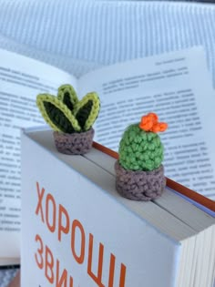 two crocheted cactus sitting on top of a book