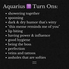 the zodiac sign for aquarius is displayed on a black background with white writing and purple lettering