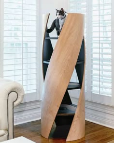 a cat sitting on top of a wooden spiral staircase