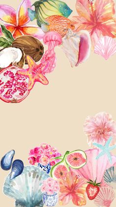 an image of flowers and seashells on a beige background