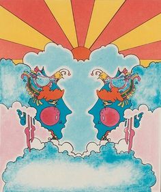 an image of two birds in the sky with clouds and sun behind them, both facing each other