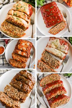 four different pictures of meatloaf on plates with sauces and seasonings around them