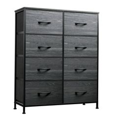 a black dresser with six drawers on top of it's sides and one drawer open