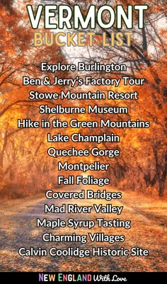 the vermont bucket list is shown in front of an autumn scene with trees and leaves