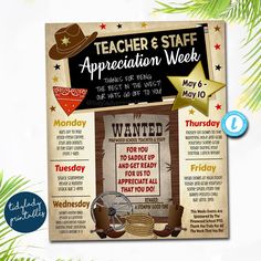 a flyer for teachers and staff appreciation week with an image of a cowboy hat, lasso