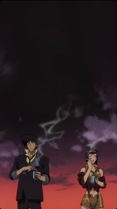 two anime characters standing in front of a dark sky