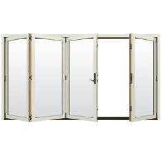 an open room divider with three doors and mirrors on each side, in front of a white background