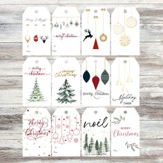 christmas gift tags with ornaments and trees on them