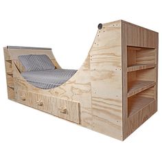 OC Ramps half pipe bed left-side angle with bookshelf Raised Beds Bedroom, Pipe Bed, Small Shelving Unit, Mini Ramp, Skateboard Ramps, Twin Size Bed Frame, Twin Size Bed, Dreams Beds, Shelving Units