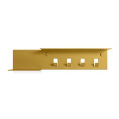 a gold metal shelf with four lights on each side and three holes in the middle