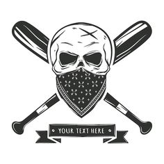 a skull wearing a bandana and crossed baseball bats with the text your text here