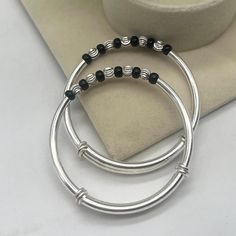 Adjustable Silver Beads Bangle For Gift, Adjustable Round Sterling Silver Bracelet With Spacer Beads, Baby Silver Bangle, Silver Baby Bracelet, Baby Jewelry Gold, Baby Jewellery, Kids Bangles, Beading For Kids, Black Bangle