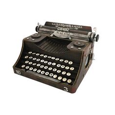 an old fashioned black typewriter with white writing on the keys and numbers, in front of a white background