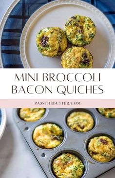 mini broccoli bacon quiches in a muffin tin on a blue and white plate