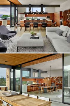 this modern living room has wood paneling and glass doors that open up to the dining area