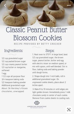 the recipe for classic peanut butter blossom cookies